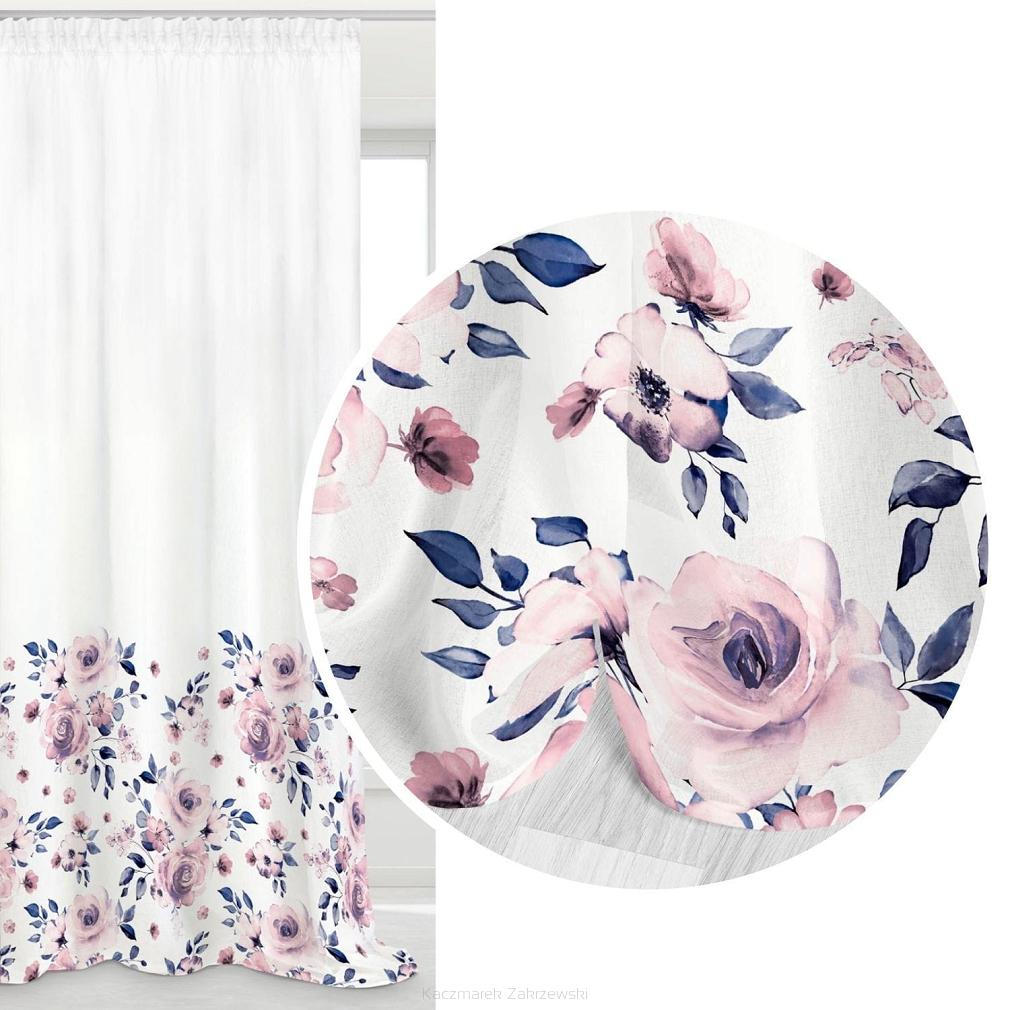Firana gotowa na taśmie ROSALLY 140x250 biało granatowa w róże