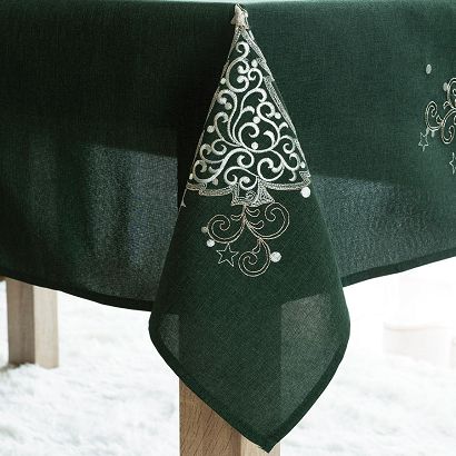 Obrus świąteczny z haftem KLASYCZNE ŚWIĘTA 140x260 zielony srebrne choinki