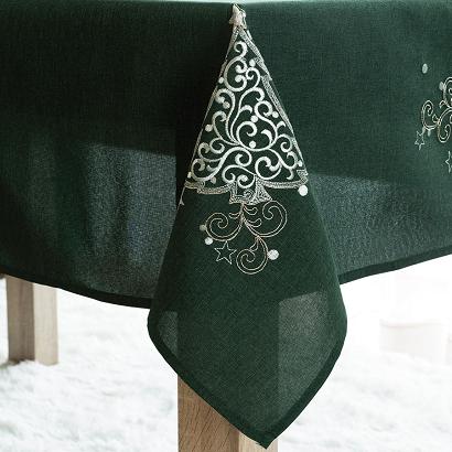 Obrus świąteczny z haftem KLASYCZNE ŚWIĘTA 140x260 zielony srebrne choinki