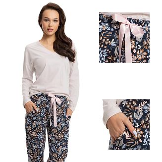 Piżama damska LUNA kod 614 naturalna / spodnie w ciemne kwiaty