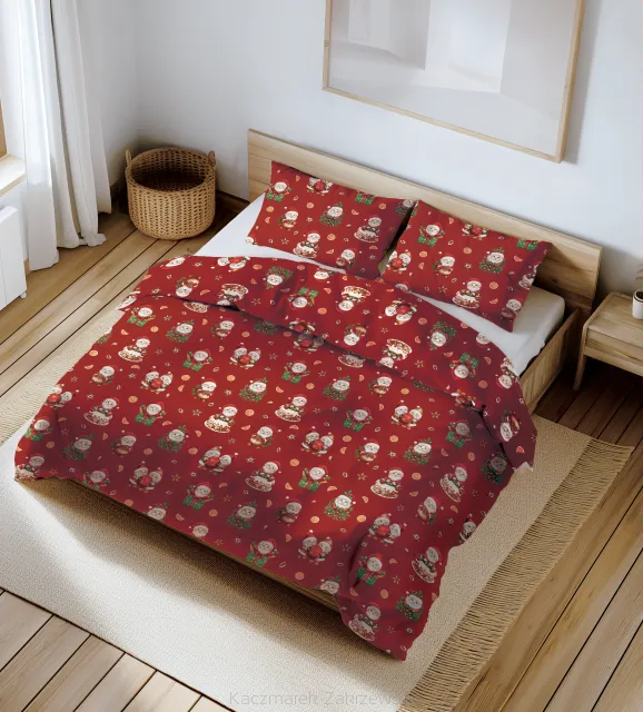 Pościel bawełniana świąteczna 160x200 czerwona słodkie mikołaje