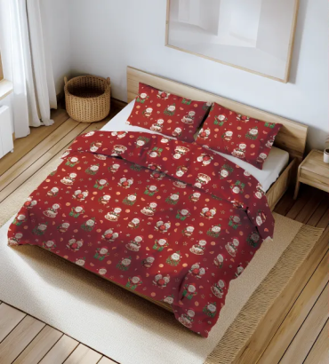Pościel bawełniana świąteczna 160x200 czerwona słodkie mikołaje