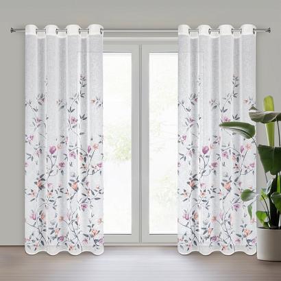 Zasłona gotowa na przelotkach ANTEA 140x250 Eurofirany biała różowa delikatne kwiaty