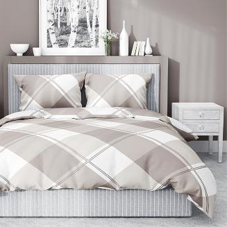 Pościel bawełniana 160x200 Detexpol beżowa biała duża krata