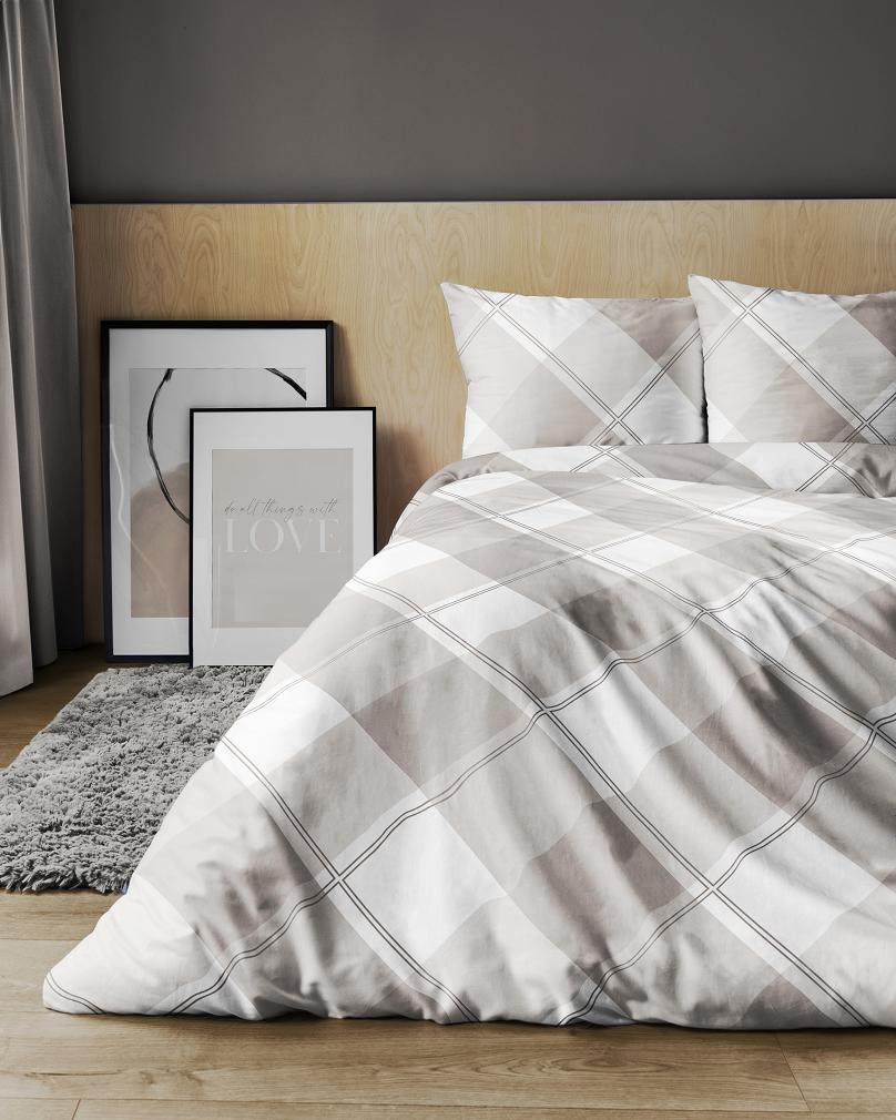 Pościel bawełniana 160x200 Detexpol beżowa biała duża krata