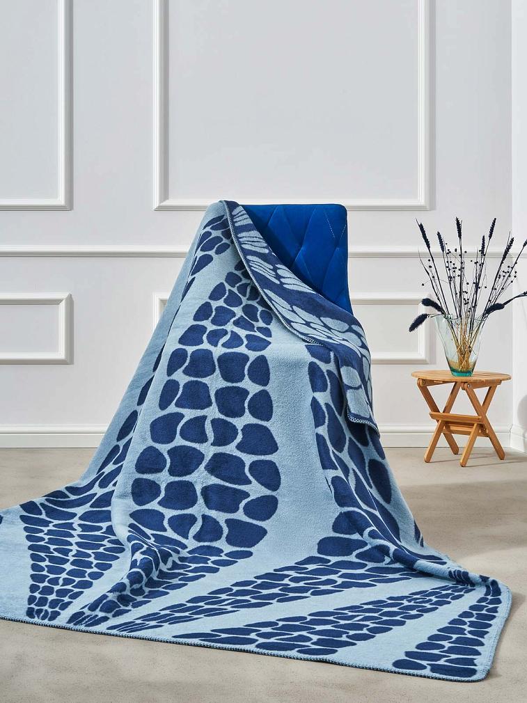 Koc bawełniano-akrylowy 150x200 granatowy niebieski w geometryczne lilie