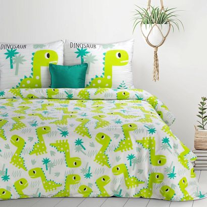 Pościel bawełniana KID 160x200 Design91 biała w zielone dinozaury
