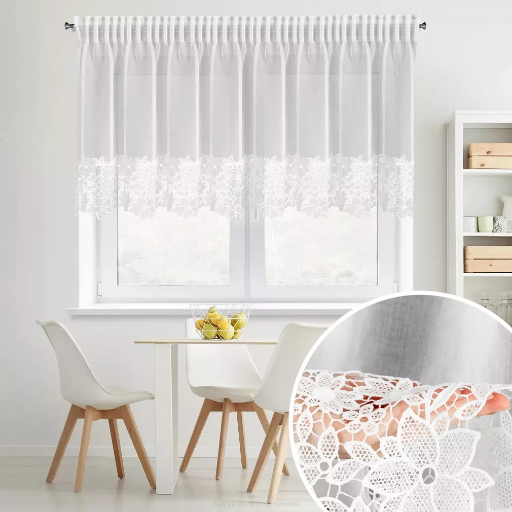 Firana gotowa na taśmie ARTEMIDA 200x70 Eurofirany biała z etaminy kwiatowa aplikacja na dole