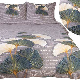 Pościel flanelowa FLANELOVE 180x200 liście miłorzębu na ciemnoszarym tle