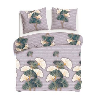 Pościel flanelowa FLANELOVE 180x200 liście miłorzębu na ciemnoszarym tle