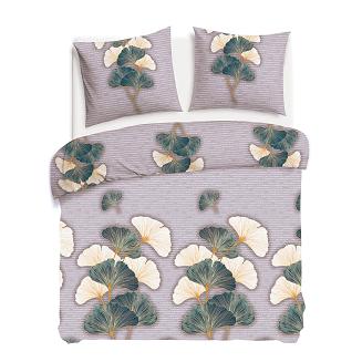 Pościel flanelowa FLANELOVE 180x200 liście miłorzębu na ciemnoszarym tle