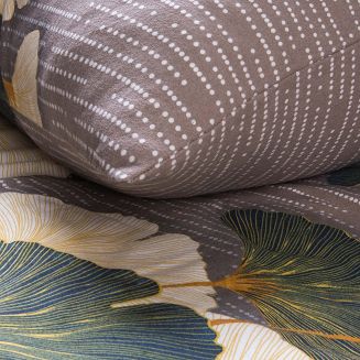 Pościel flanelowa FLANELOVE 180x200 liście miłorzębu na ciemnoszarym tle