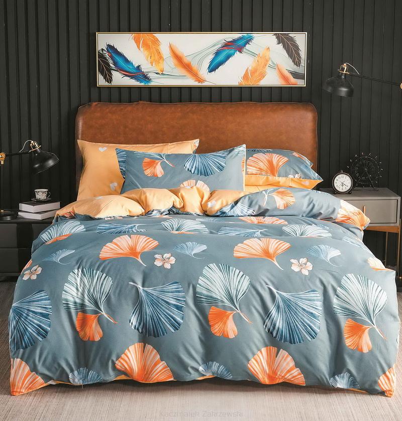 Komplet pościeli dwustronnej 160x200 niebieska żółta w liście miłorzębu + serca