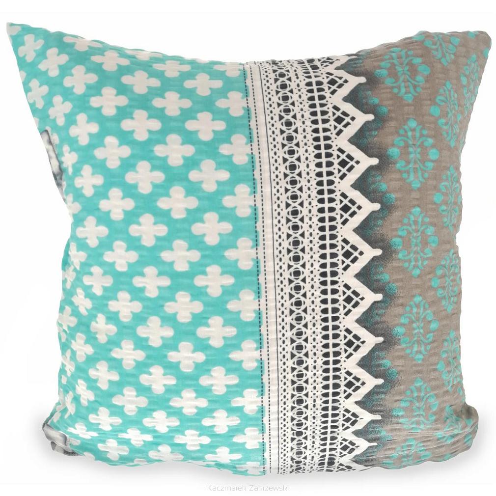 Poszewka z kory 40x40 wzór miętowo-szara koronka z kokardami