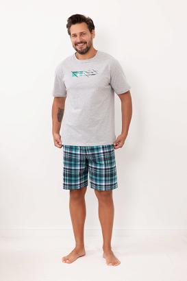 Piżama męska REGINA kod 6001 jasny szary melange spodenki w kratę