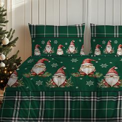 Pościel flanelowa świąteczna 160x200 zielona skrzaty krata