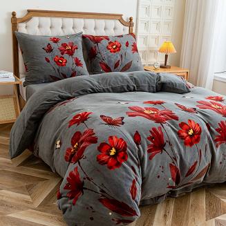 Pościel polarowa 160x200 welur grafitowa czerwone kwiaty