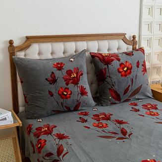 Pościel polarowa 160x200 welur grafitowa czerwone kwiaty