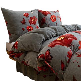 Pościel polarowa 160x200 welur grafitowa czerwone kwiaty