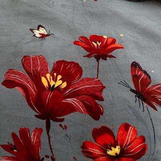 Pościel polarowa 160x200 welur grafitowa czerwone kwiaty