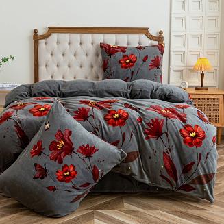 Pościel polarowa 160x200 welur grafitowa czerwone kwiaty