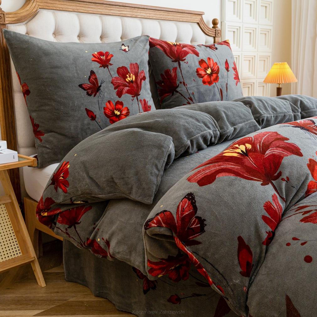 Pościel polarowa 160x200 welur grafitowa czerwone kwiaty