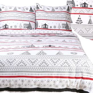 Pościel flanelowa FLANELOVE 180x200 świąteczny wzór chatki i choinek na białym tle