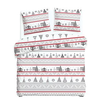 Pościel flanelowa FLANELOVE 180x200 świąteczny wzór chatki i choinek na białym tle