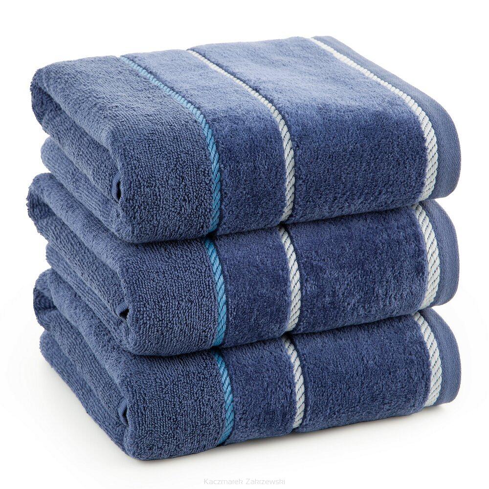 Ręcznik bawełniany z welurową bordiurą w ozdobne paseczki NEL 70x140 Eurofirany granatowy