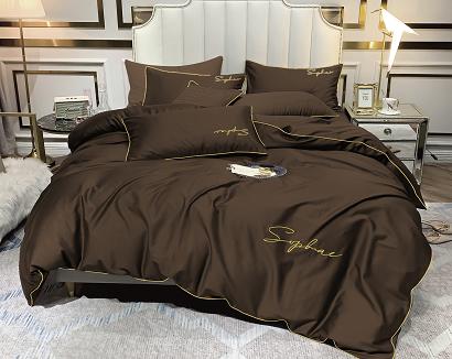 Pościel 160x200 brązowa złoty haft satynowa lamówka