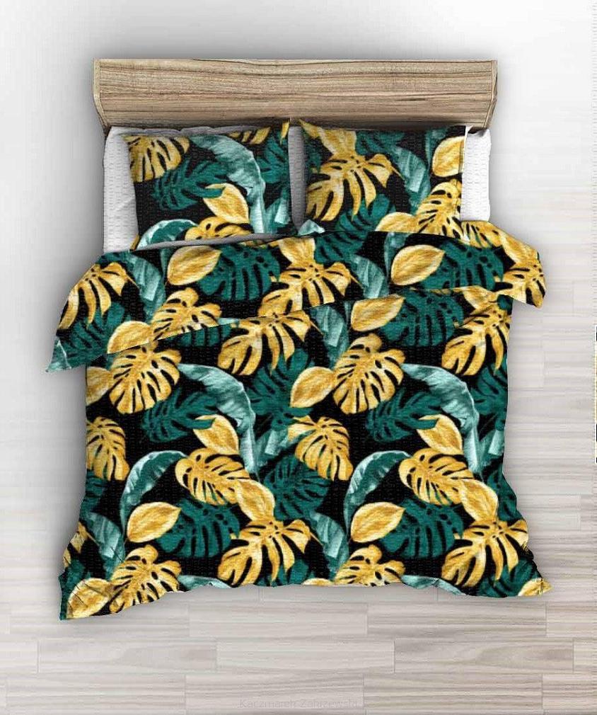 Pościel z kory 160x200 czarna w zielone złote egzotyczne liście