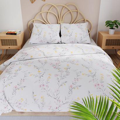 Komplet pościeli ZOE  z bawełny satynowej 160x200 biała szara kwitnące zioła