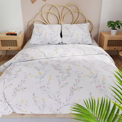 Komplet pościeli ZOE  z bawełny satynowej 160x200 biała szara kwitnące zioła