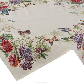 Obrus dekoracyjnygobelin SPRING 140x180 Eurofirany naturalny czerwony kwiaty motyle