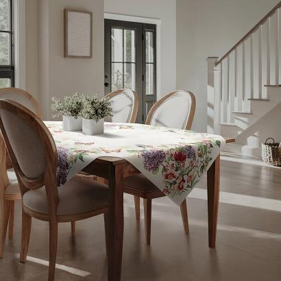 Obrus dekoracyjnygobelin SPRING 140x180 Eurofirany naturalny czerwony kwiaty motyle