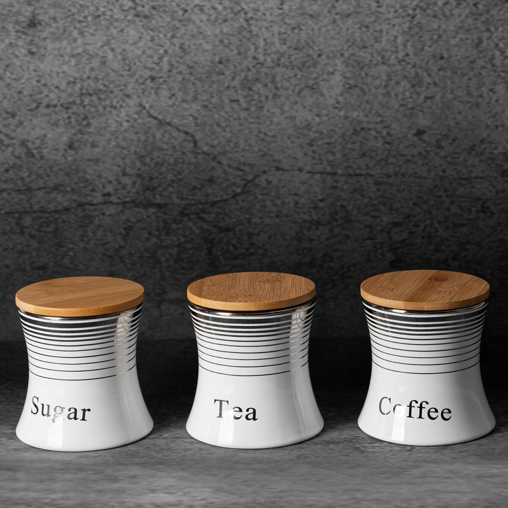 Pojemniki ceramiczne do kuchni LEXI komplet 3 szt. białe srebrne paski kawa herbata cukier