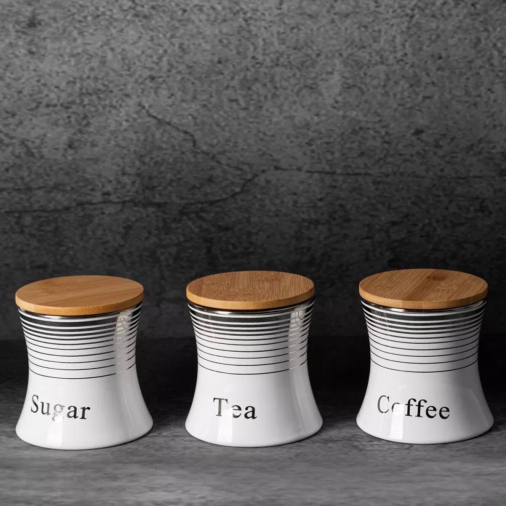 Pojemniki ceramiczne do kuchni LEXI komplet 3 szt. białe srebrne paski kawa herbata cukier