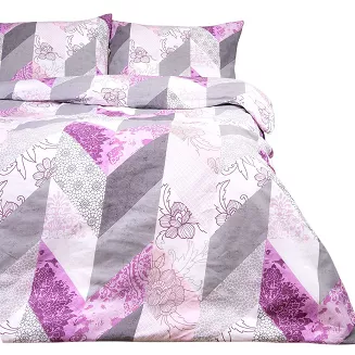 Pościel bawełniana 160x200 COTTONLOVE biała szara różowa zygzak + kwiaty