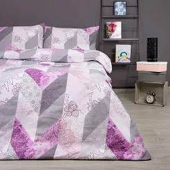Pościel bawełniana 160x200 COTTONLOVE biała szara różowa zygzak + kwiaty