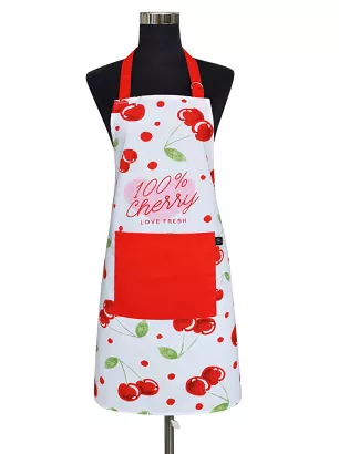 Bawełniany fartuch kuchenny z kieszonką 60x75 CHERRY biały czerwony