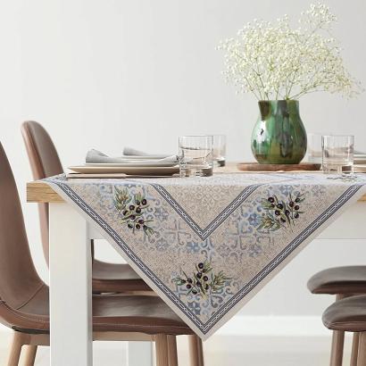 Obrus dekoracyjny gobelin 100x100 Eurofirany naturalny niebieski oliwki ornamenty