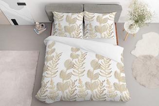 Pościel satynowa 220x200 Detexpol biała złota botaniczny nadruk gałązki liście
