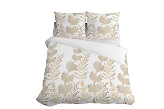 Pościel satynowa 220x200 Detexpol biała złota botaniczny nadruk gałązki liście