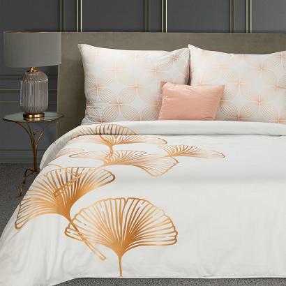 Pościel z makosatyny BLANCA10 160x200 Eurofirany biała złota liście miłorzębu