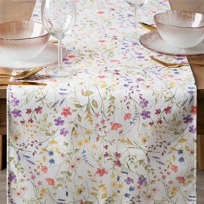 Bieżnik dekoracyjny wodoodporny ANNA 40x140 Eurofirany biały fioletowy polne kwiaty
