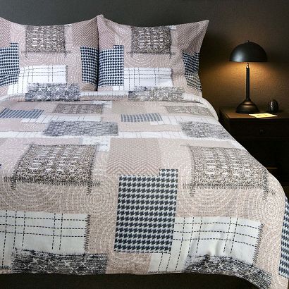 Pościel flanelowa FLANELOVE 160x200 beżowa biała granatowa patchwork