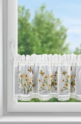 Firana gotowa zazdrostka FLORA 150x30 Eurofirany biała żółta żonkile motyle
