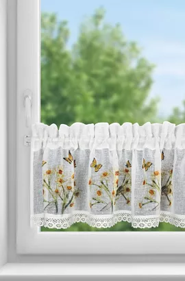 Firana gotowa zazdrostka FLORA 150x30 Eurofirany biała żółta żonkile motyle
