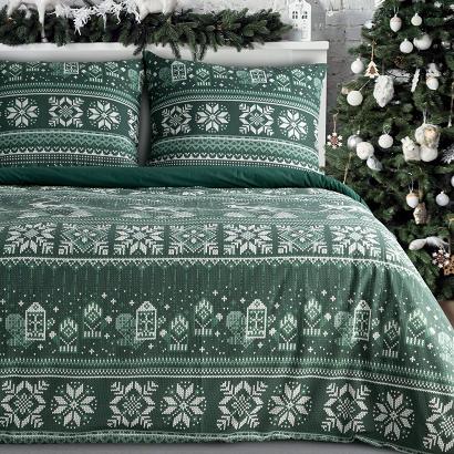 Komplet pościeli świąteczny CLOVER 140x200 Eurofirany ciemnozielony biały wzór skandynawski renifery