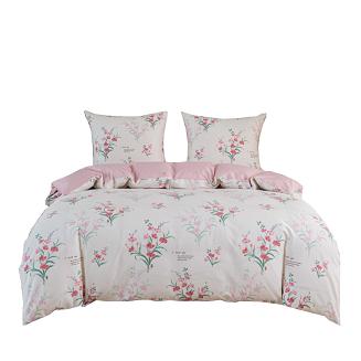 Pościel satynowa 180x200 kremowa różowa bukiety tulipanów